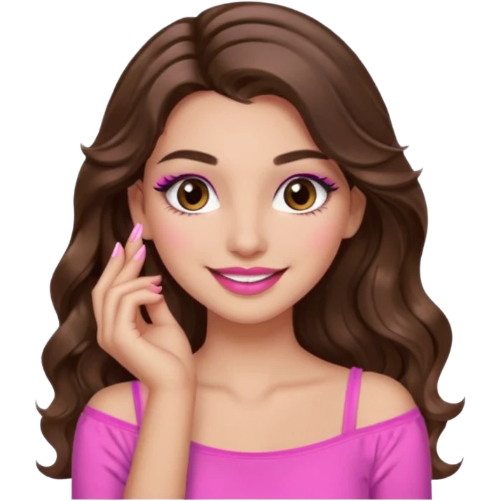 girl with long wavy brown hair, brown eyes, long lashes makeup, sexy pink lips, light to medium complexion, pink sexy top, smiling, hand by the cheek emoji