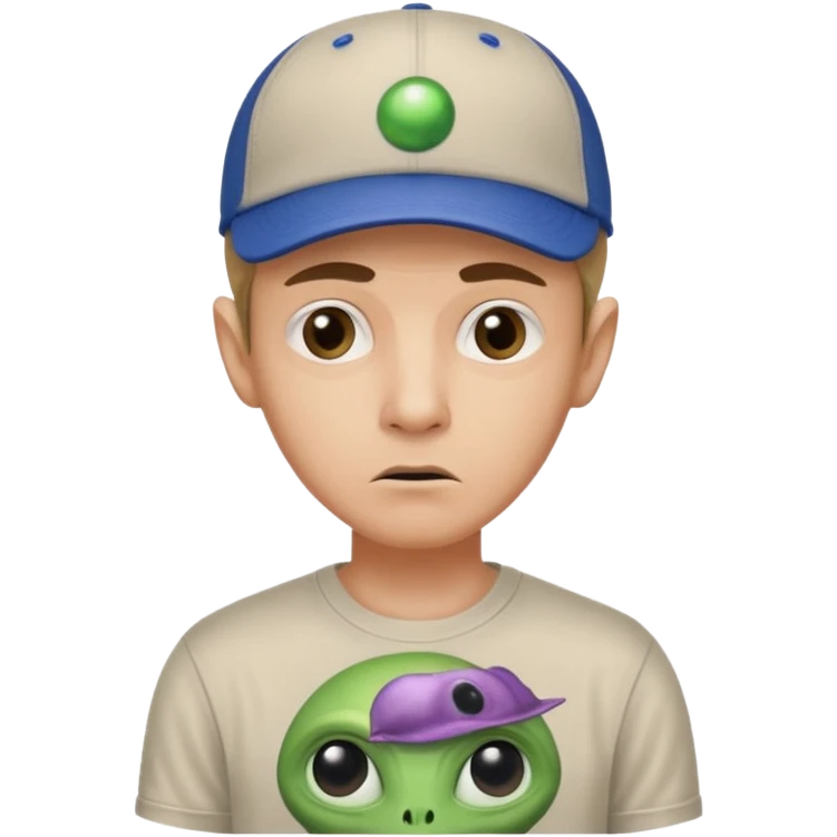 trust no one Mulder from the x-files looking very very worried wearing a t-shirt and a baseball cap with a picture of an alien emoji