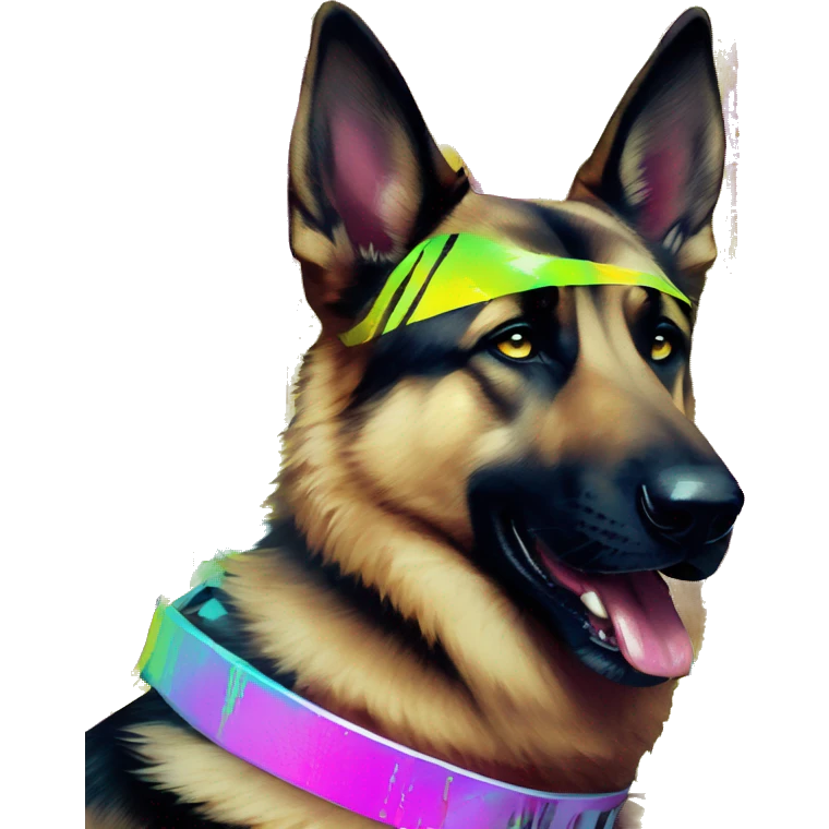 .Zombie_ Vaporwave black holographic oilslick zombie German shepherd dog yellow caution tape graffiti neon yellow stripes emoji