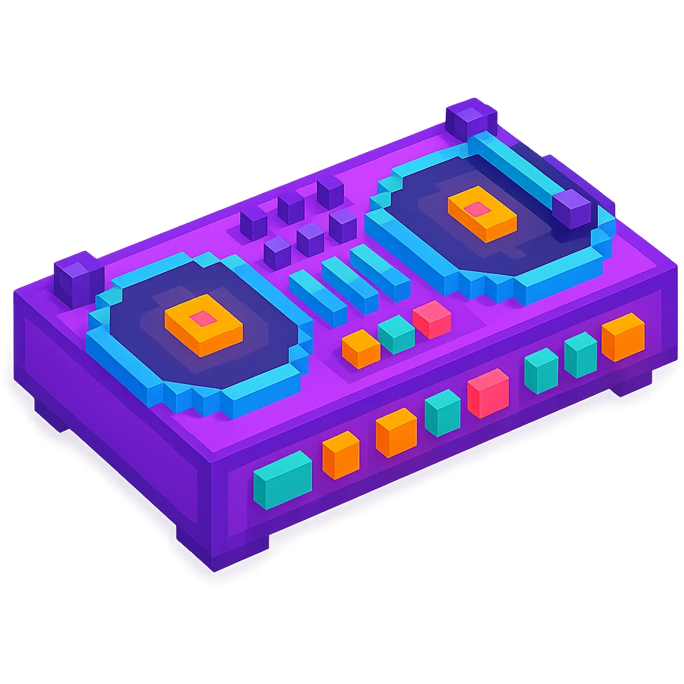 DJ turntables with glowing buttons and a retro vibe emoji
