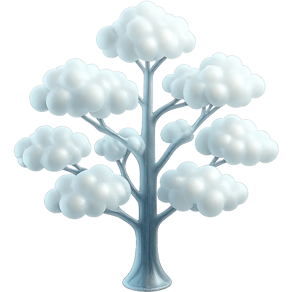 one tree with many branches, each branch covered with many small, very bright white, richly colored, fluffy convex clouds, matte glass style, no background emoji