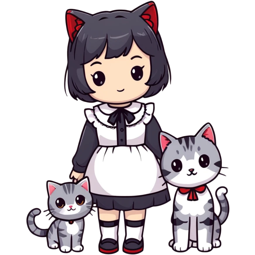 girl wearing black Lolita style dress, with medium-length black hair with red tips, and a gray American Shorthair tabby cat emoji