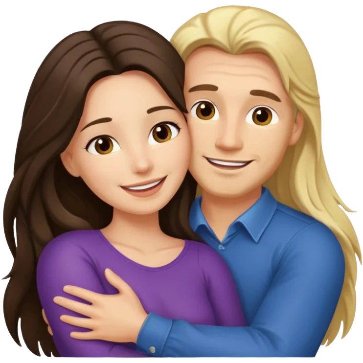 A happy boyfriend and girlfriend hug. She is brunette sexy with long hair. He is blonde emoji