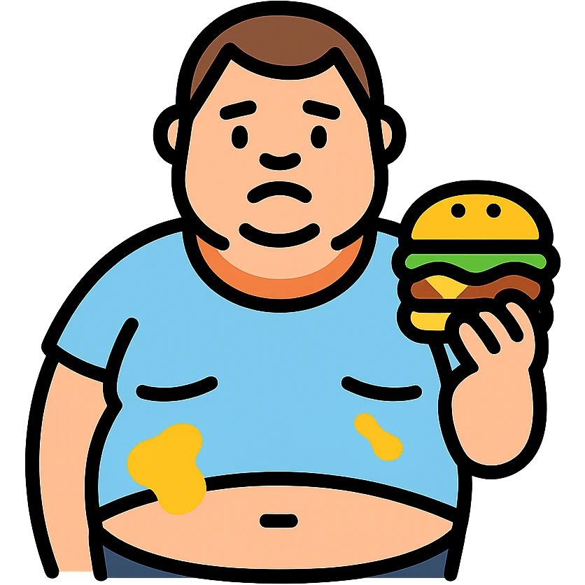 fat man with a shirt that doesn't fit him and has grease stains, holding a burger emoji