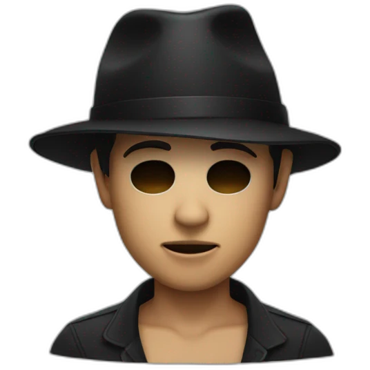 young age man wearing half skull mask (covering face) with a black fedora hat emoji