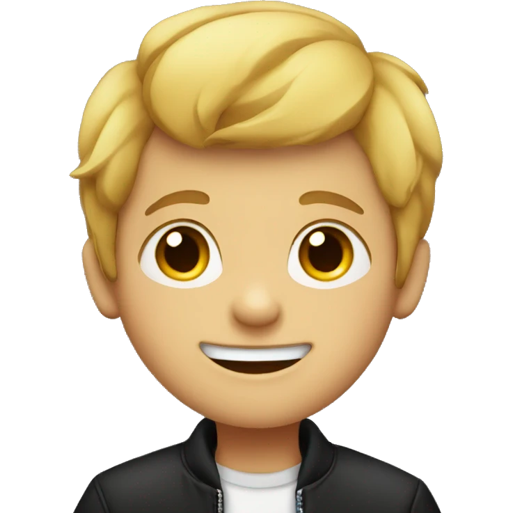 smiling boy in black jacket, mouth shut emoji