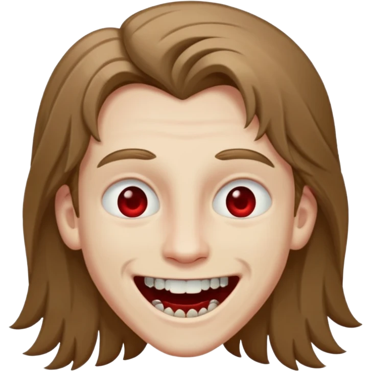 парень с русыми длинными волосами; бледная сероватая кожа; белые глаза; открытая улыбка, где на зубах кровь;  emoji