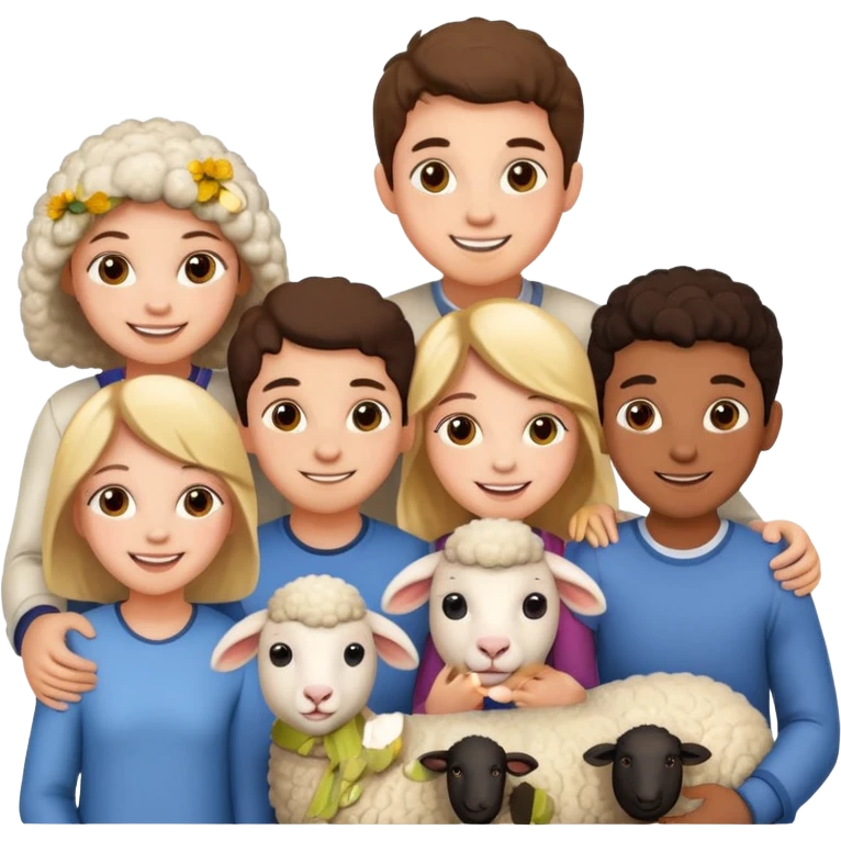 5 persons (3 girls and 2 boys) and a sheep emoji