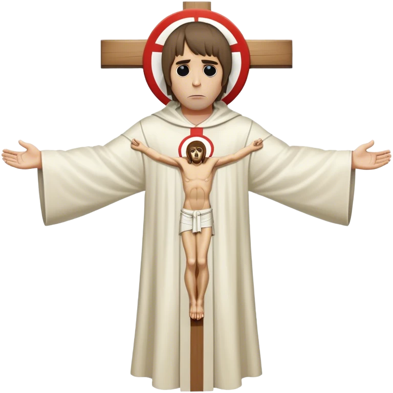 Crucified Liam Gallagher in the style of Jesus full body on cross with mod target on his robes emoji