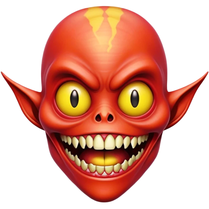Monster alien that is red with yellow shining on it and the monster alien has no eyes with crooked teeth emoji