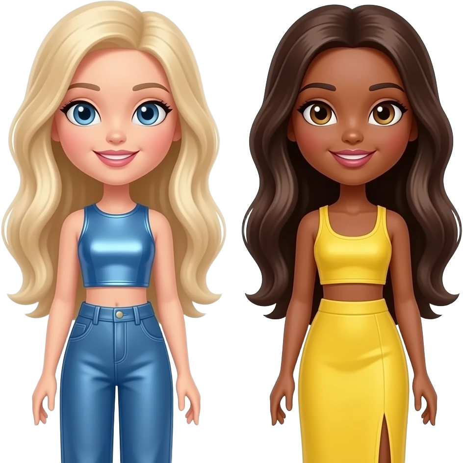 Bratz with Chloe with blue eyes, long blonde hair, blue metallic crop top and baggy pants, Sasha with dark skin, hazel eyes, long dark brown hair, yellow crop top and long skirt emoji