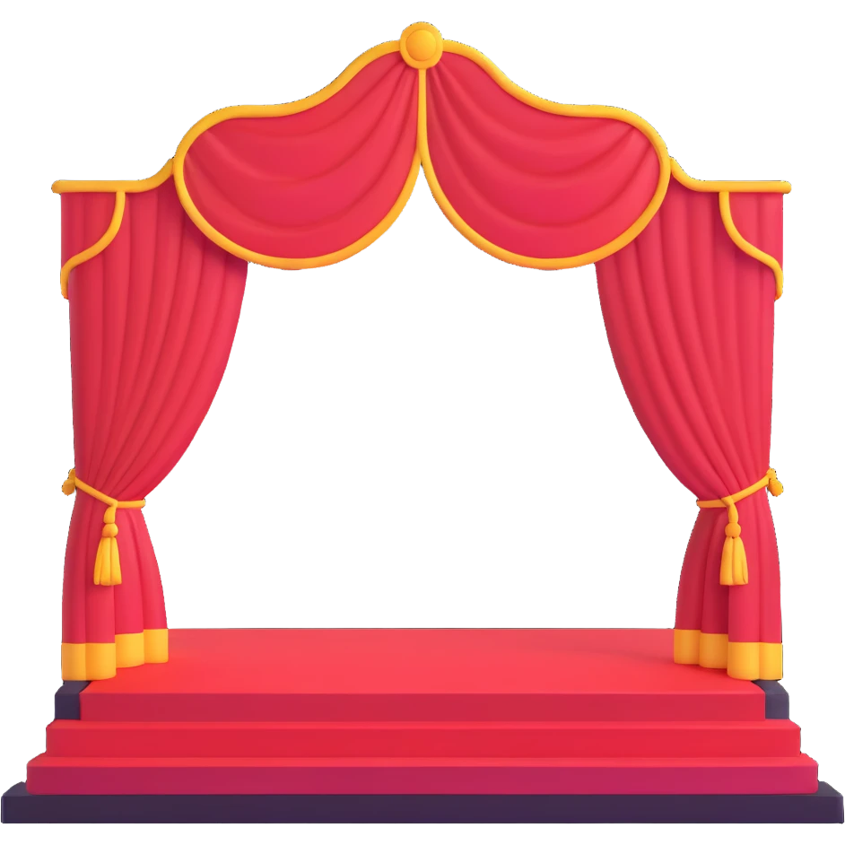 elegant theater stage with red velvet curtains open, wooden floor, and central spotlight emoji