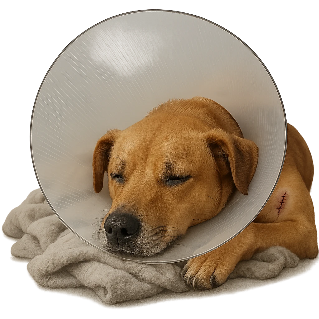 dog wearing a medical cone (Elizabethan collar), with a small stitched area, resting on a blanket, post-surgery vibe emoji
