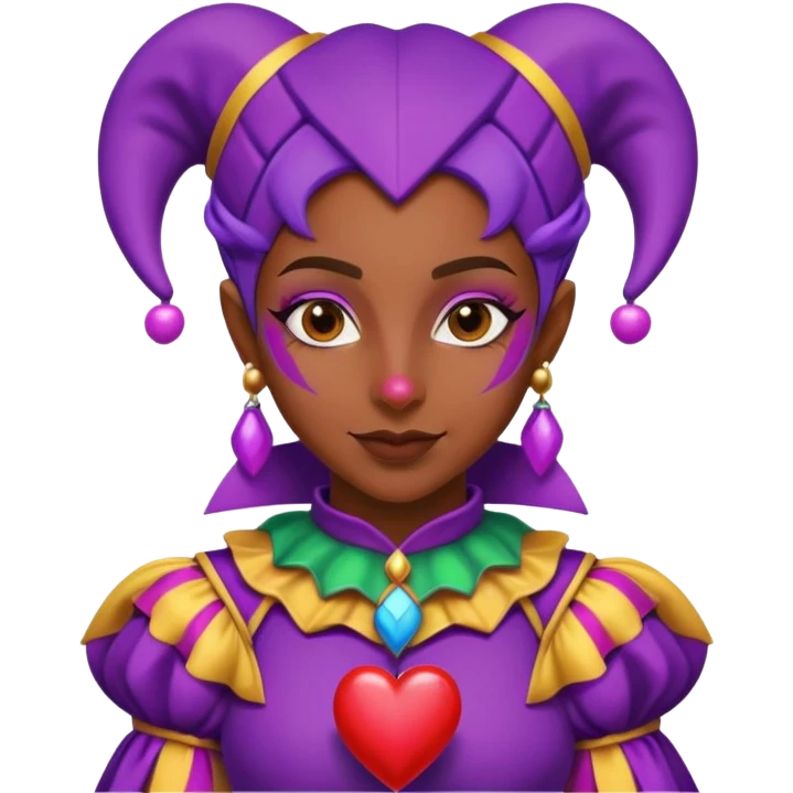 Female Jester with brown skin looking to the right at a purple heart emoji