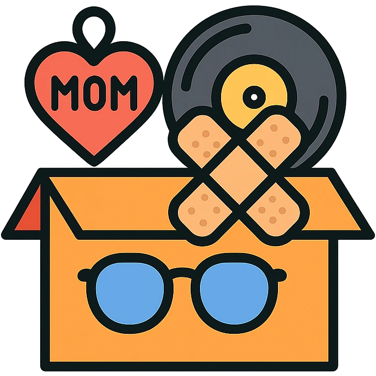 An open box containing a protective amulet from mom, a vinyl record from a friend, bandages, and glasses emoji