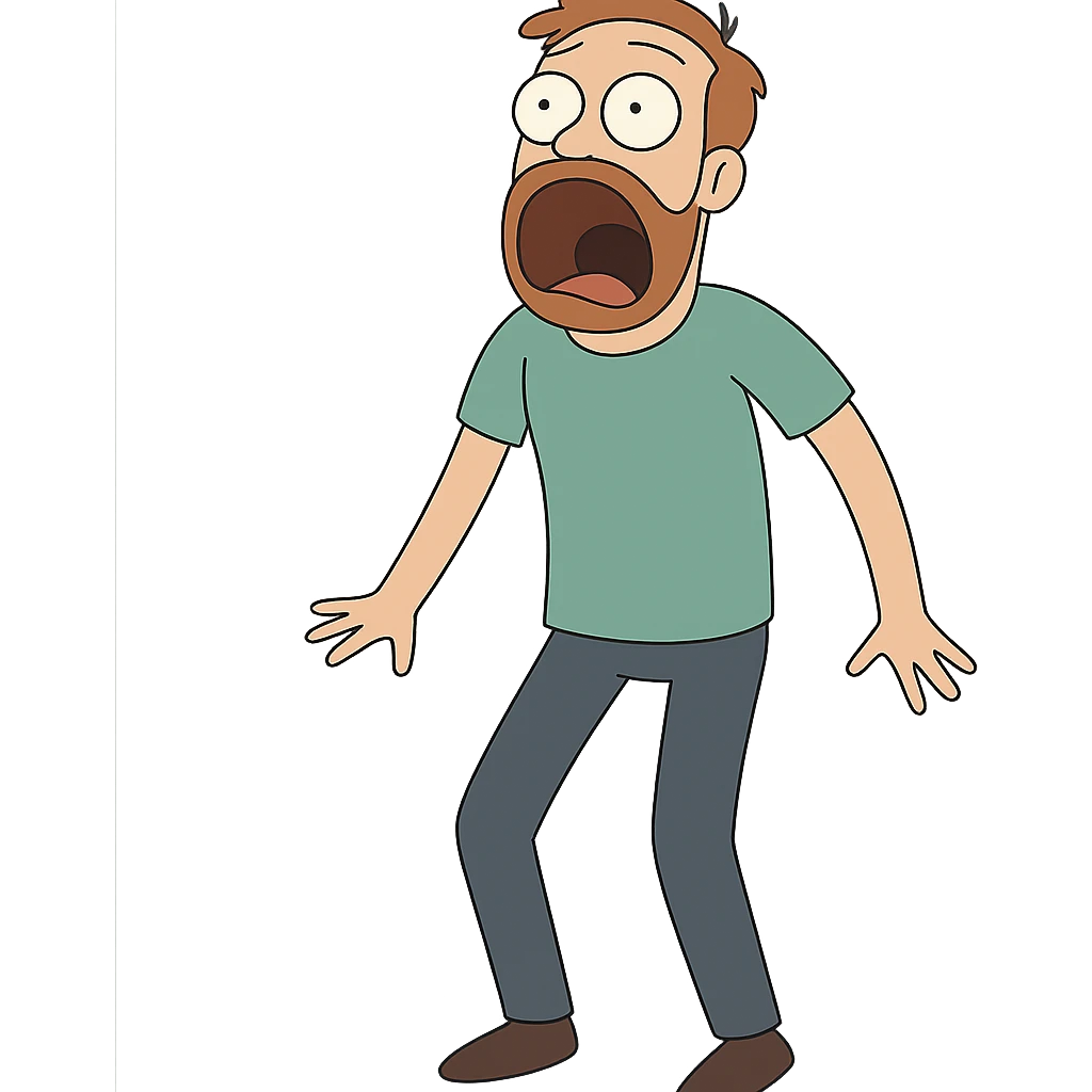 Create a full body surprised man with his mouth wide open in the same cartoon style as the reference image, maintaining a transparent background. emoji