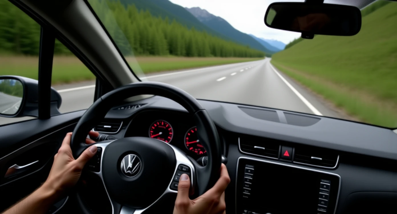 Realistic camshot pov of monkey drive a car (hands holding car wheel) switzerland road with car crash emoji