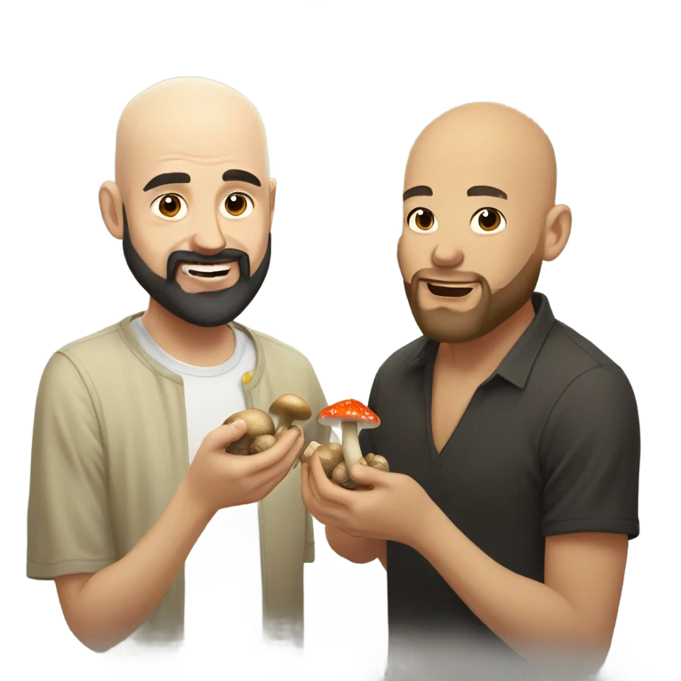 Bald bearded white man and wavy black haired Asian man eating mushrooms emoji