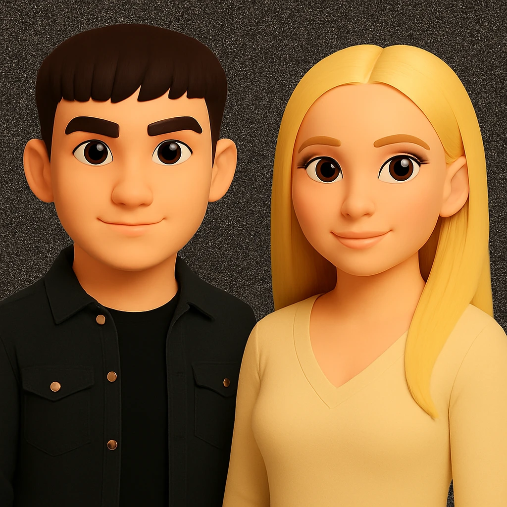 Make the people in the image stand slightly farther apart from each other, preserving the original style and background. emoji