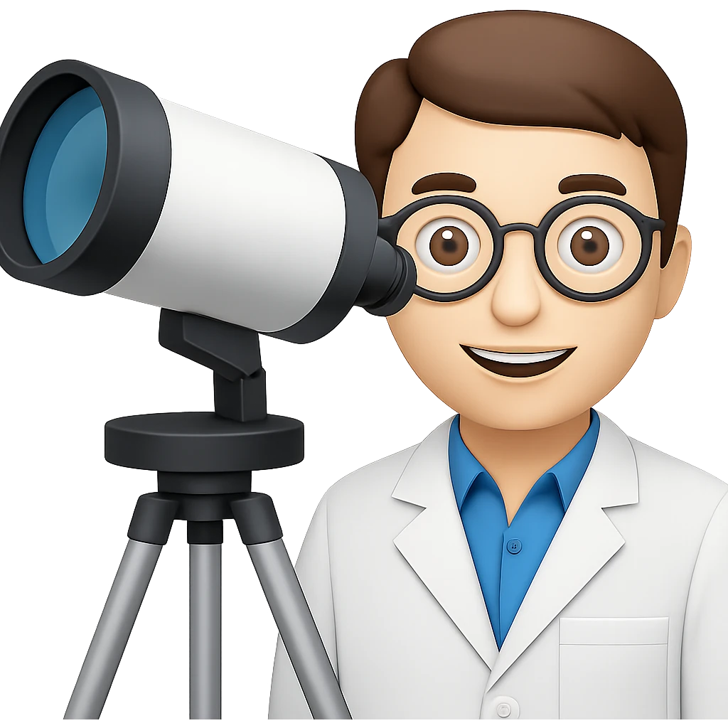 Make the telescope much bigger, keep the scientist happy, in emoji style with no background. emoji