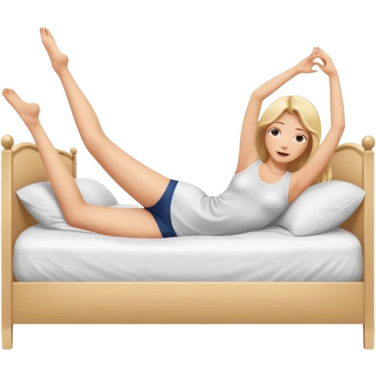 Nude woman, thin blonde, C Cup, lying in bed, legs raised up, ass showing, legs spread emoji