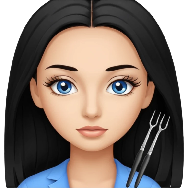 Girl lash-maker, long black hair, blue eyes, with two tweezers for eyelash extensions emoji