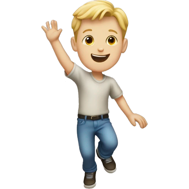 white boy jumping and waving hand emoji