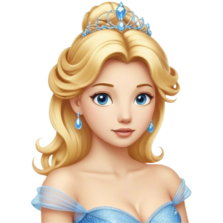 Cinematic Realistic Cinderella Portrait, depicted with lifelike skin texture, subtle rosy undertones, and soft natural lighting that enhances the gentle contours of her face. Her intricately detailed golden blonde hair is elegantly styled in an updo, with delicate wisps framing her face for added realism. Her deep, expressive blue eyes radiate warmth and sincerity, reflecting a quiet resilience and grace. She is dressed in her iconic ball gown, the fabric shimmering with intricate embroidery and fine translucent layers that catch the light beautifully. The soft sheen of satin gloves and the delicate sparkle of a glass-like slipper peeking from beneath her dress add a touch of magical realism. The portrait features an enchanting glow with a natural, luminous finish, seamlessly blending realism and fairytale charm to evoke a sense of depth, elegance, and timeless beauty. emoji
