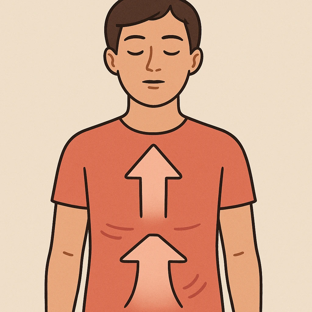 front view of a person with closed eyes practicing deep nasal breathing, highlighting chest and abdomen movement, caption in Italian emoji