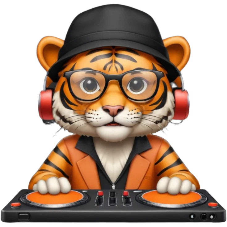 Un tigre enfadado con una mesa de dj . Lo quiero más profesional con unos audífonos y cara de astuto . Mejor con un sobrero y sin audífonos y con unas gafas  emoji
