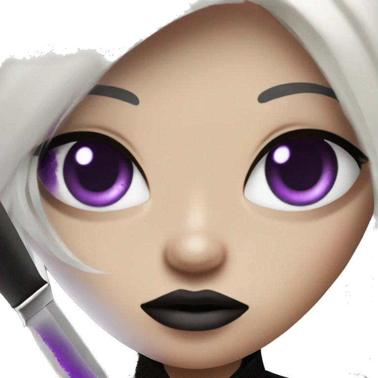 Light Brown goth girl with white ombre hair and purple eyes wearing a black mesh shirt holding a knife emoji