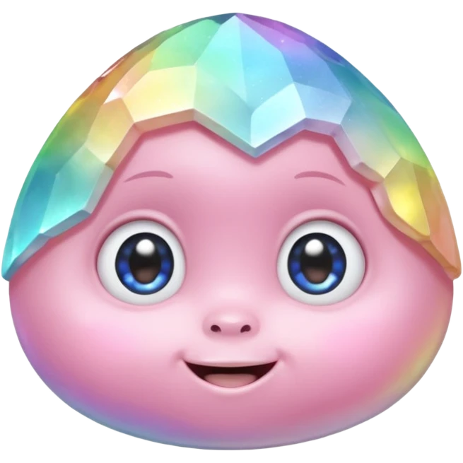 One pastel rainbow quartz rock baby character, small round faceted head, smooth but clearly rock-like, soft iridescent reflections, huge eyes and tiny smiling mouth, 3D render, high detail, plain dark background, no extra objects emoji