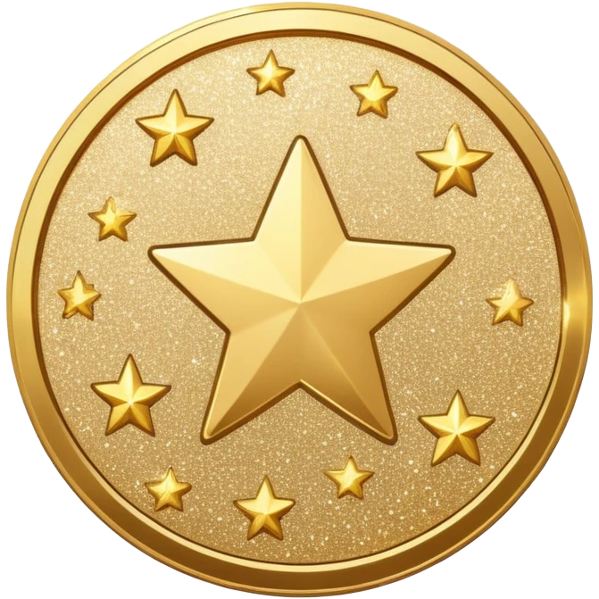 coin with a glitter texture, surrounded by twinkling stars emoji
