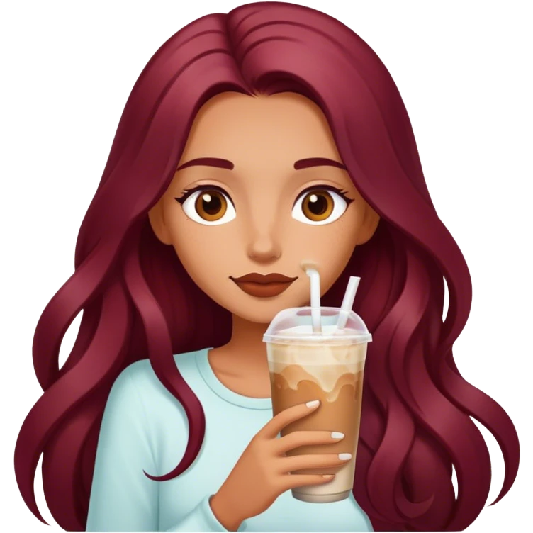 Burgundy long haired tanned girl with iced latte emoji
