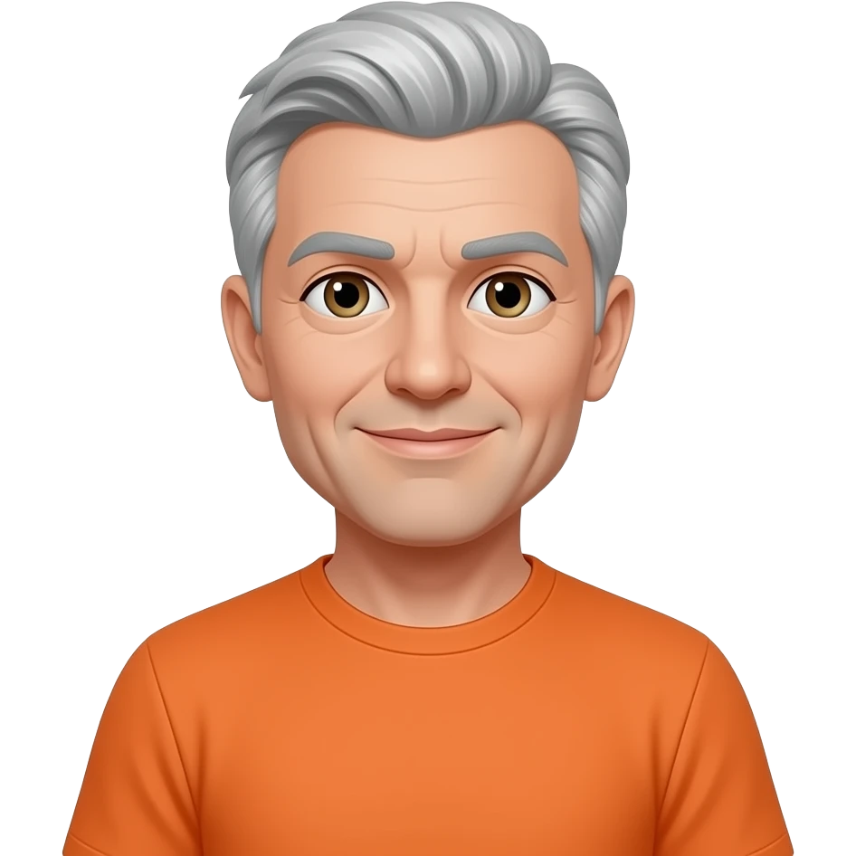 White man grey hair orange T shirt hazel eyes emoji