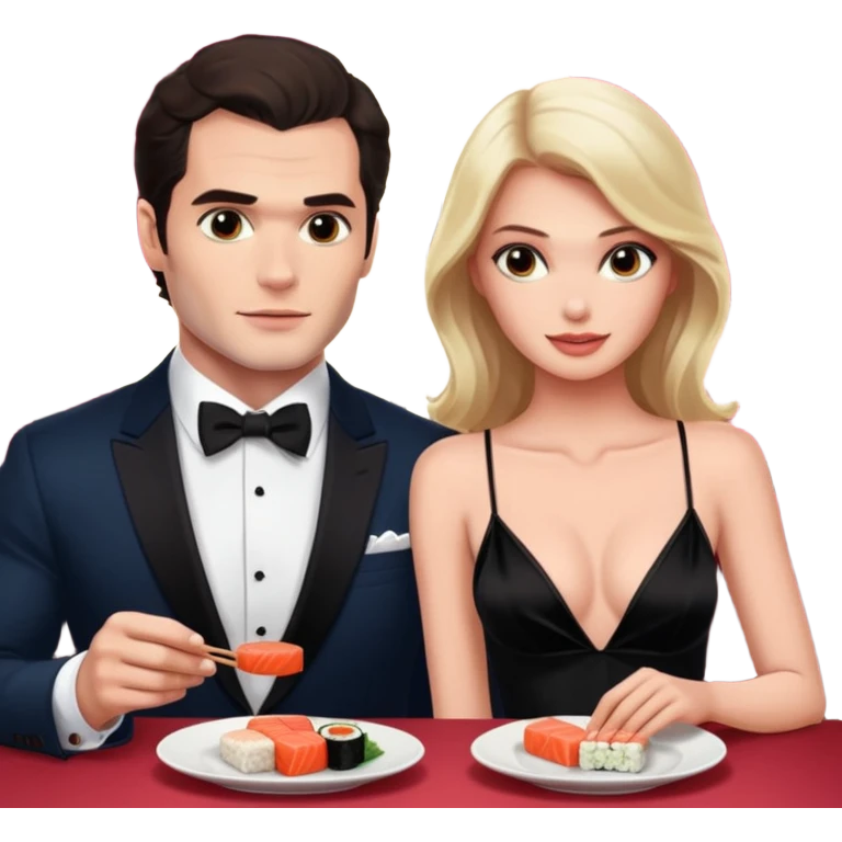 realistic photo of Henry Cavill with a beautiful  victoria secret model on a candle lit sushi date emoji