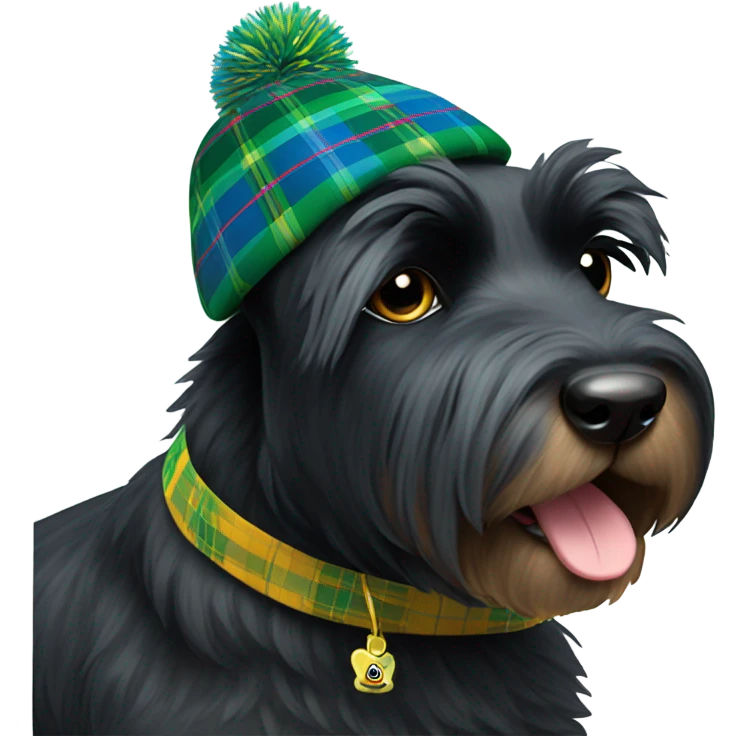 Black Scottie dog wearing a green and blue tartan tan with a yellow Pom Pom on top emoji