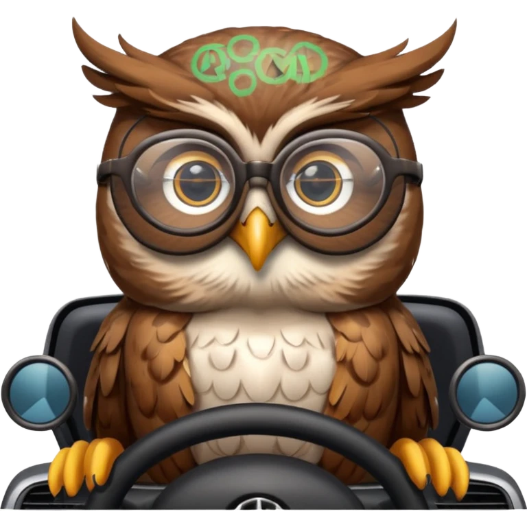 Сова в машине за рулем, в очках, с навигатором emoji