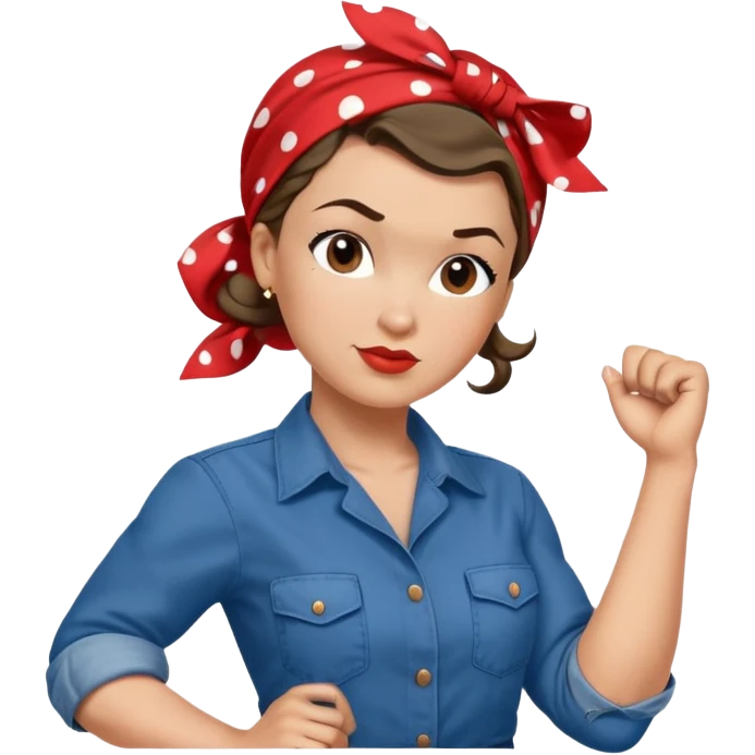 Rosie the Riveter, iconic pose, blue work shirt, red polka dot bandana, confident expression emoji