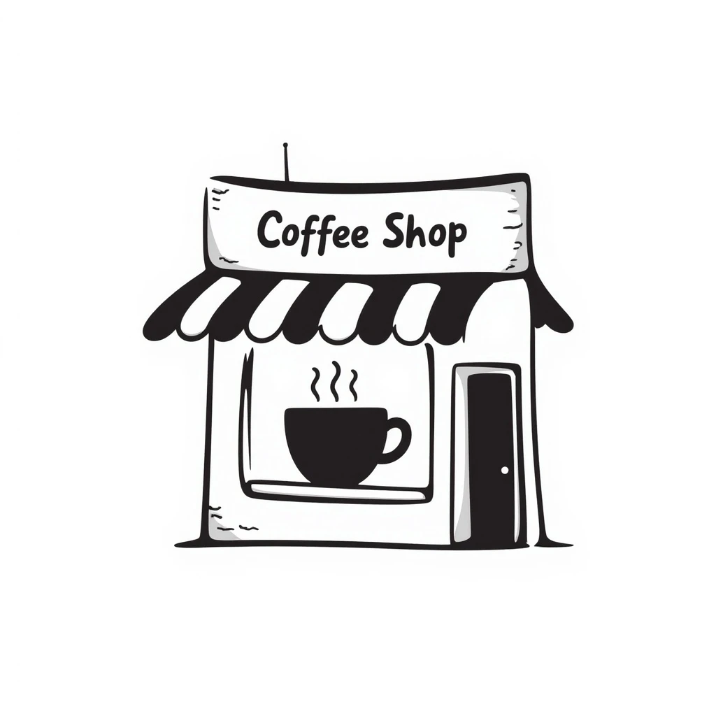 a small coffee shop with a striped awning, hand drawn doodle style emoji