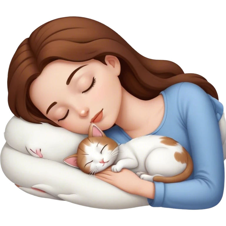 White girl brown hair sleeping with white kitty emoji