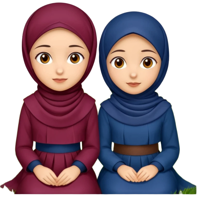 Turkish beautiful finish Konya two girls (friends) brown eyes and with dark blue and burgundy hijab islamic dress and sitting on grass  emoji