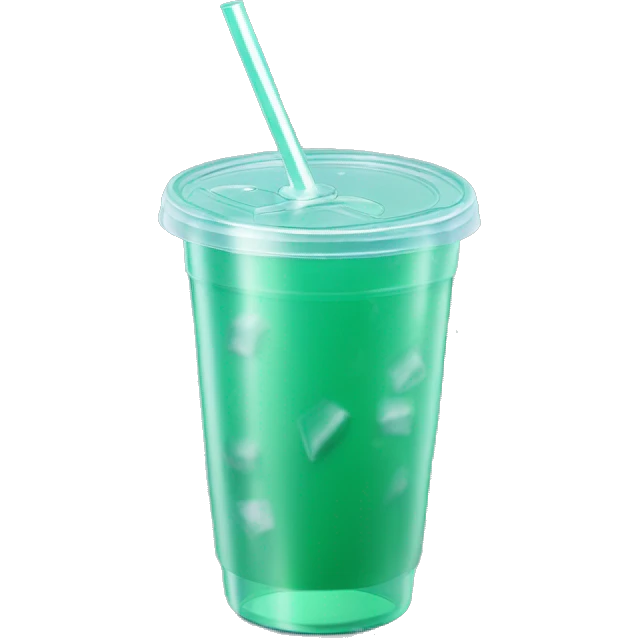 Realistic plastic cup and lid with Transluscent dark mint green and large ice cubes inside and one straw through the top of the lid. emoji
