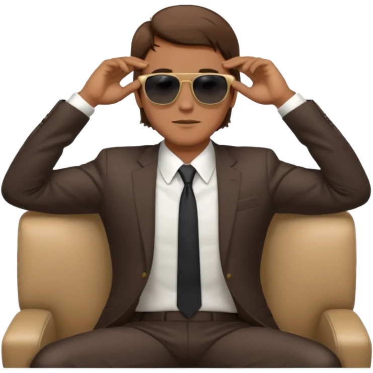 white man with brown hairs in formal suit wearing sunglasses resting with hands behind head emoji