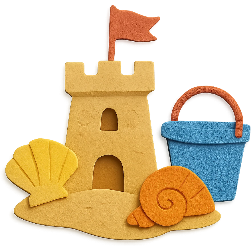 sand castle with seashells and a small bucket, bright colors, paper-craft style emoji
