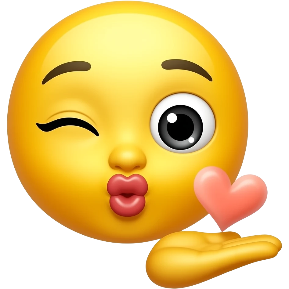 A yellow emoji face pucking their lips and winking one eye while positioning their open palm by their mouth to blow a kiss, followed by a small red heart next to the face near the hand emoji