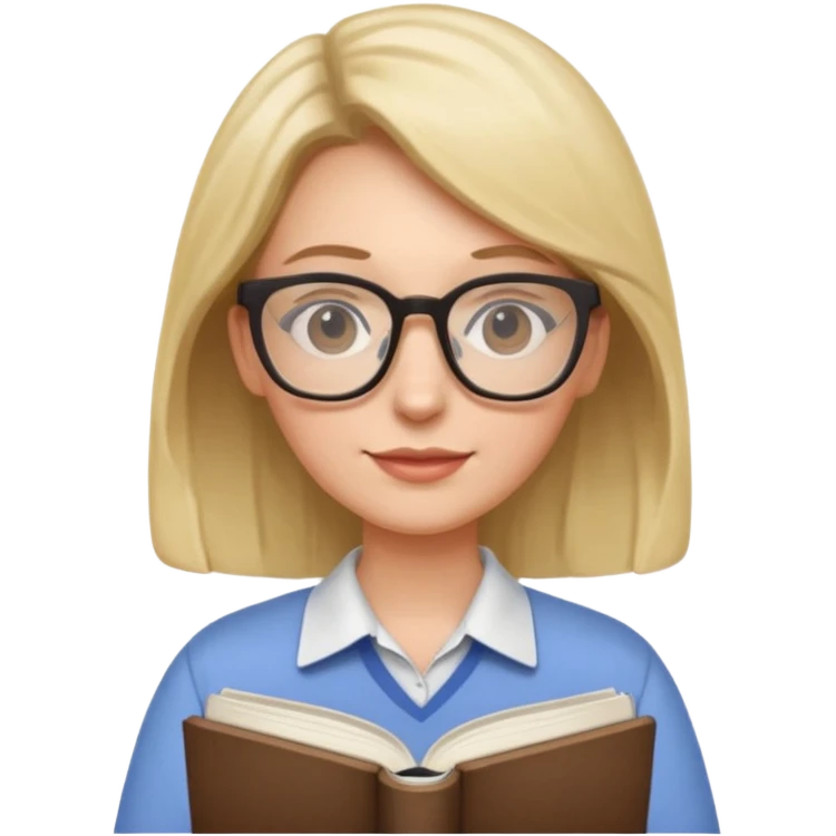 female English teacher with glasses and wearing a shirt, holding an English book emoji