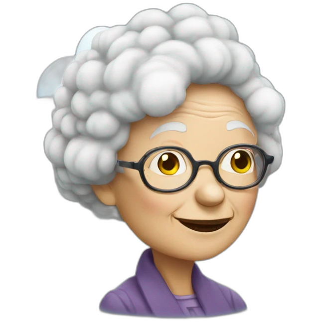 An old lady with glasses sitting on top of the cloud emoji