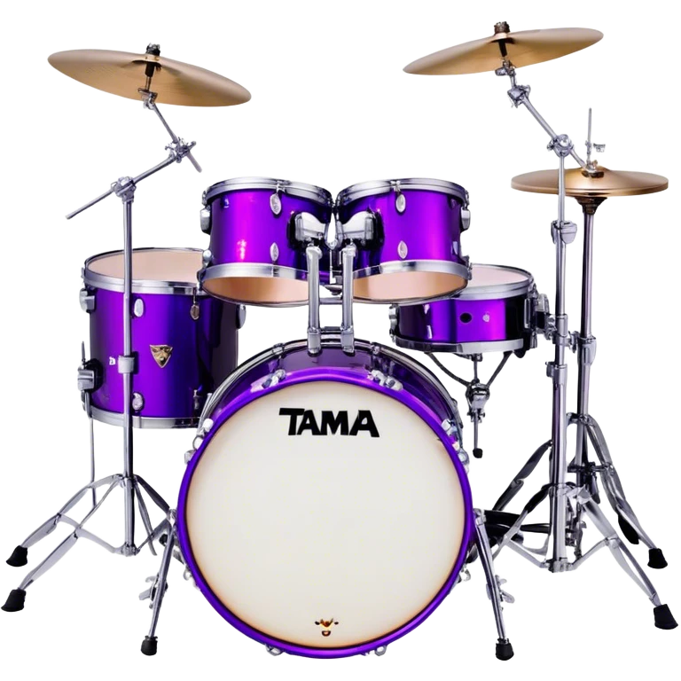  "Create a vibrant and detailed emoji representing Lars Ulrich's Tama Starclassic drum kit. The design should feature a sleek, glossy purple drum kit with glittering accents, including two large bass drums positioned side by side. The snare drum, toms, and cymbals should be clearly visible, with a high-shine finish that reflects the light. Add subtle musical notes around the kit to evoke rhythm and energy. Use a color palette of deep purple, black, silver, and sparkling accents to emphasize the unique look of this iconic setup. The background should be transparent. emoji