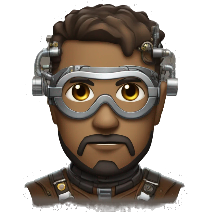 Brown short hair make cyborg head with silver steampunk goggles, brown beard and circuits emoji